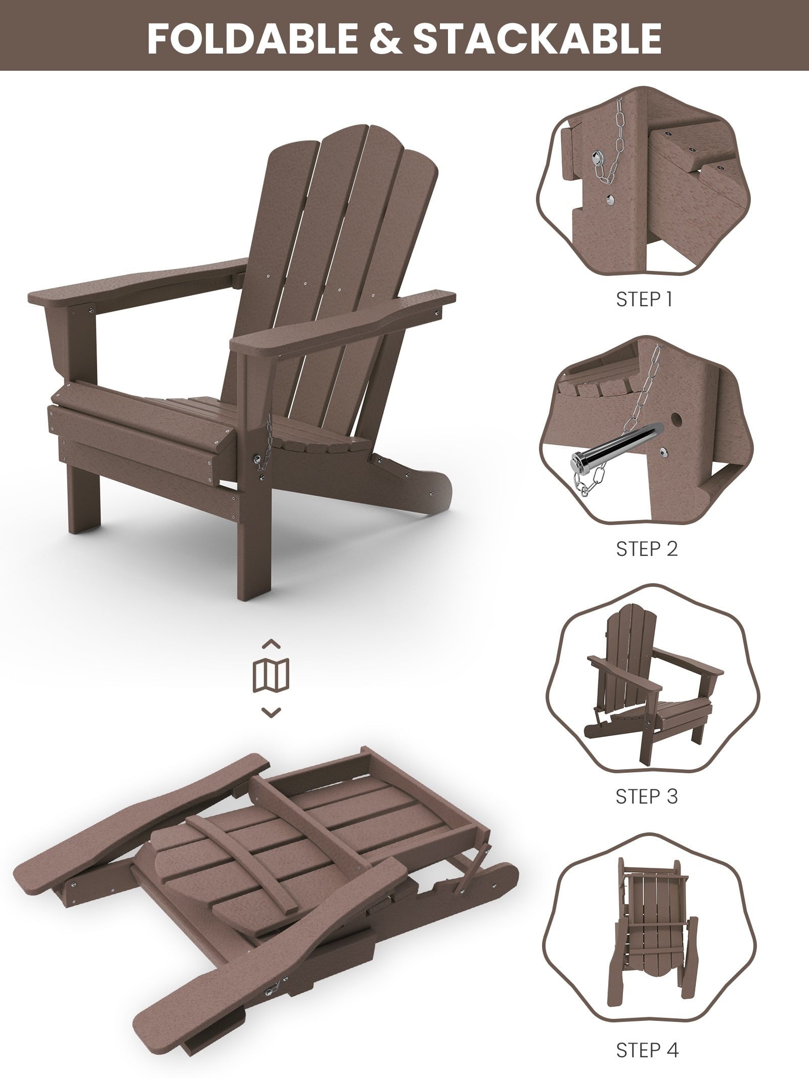 Folding Outdoor Patio Adirondack Chair for Garden, Brown