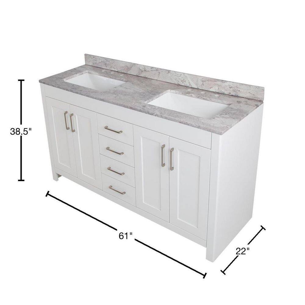 Home Decorators Collection Westcourt 61 in. W x 22 in. D Bath Vanity in White with Stone Effect Vanity Top in Winter Mist with White Sink WT60P2V11-WH