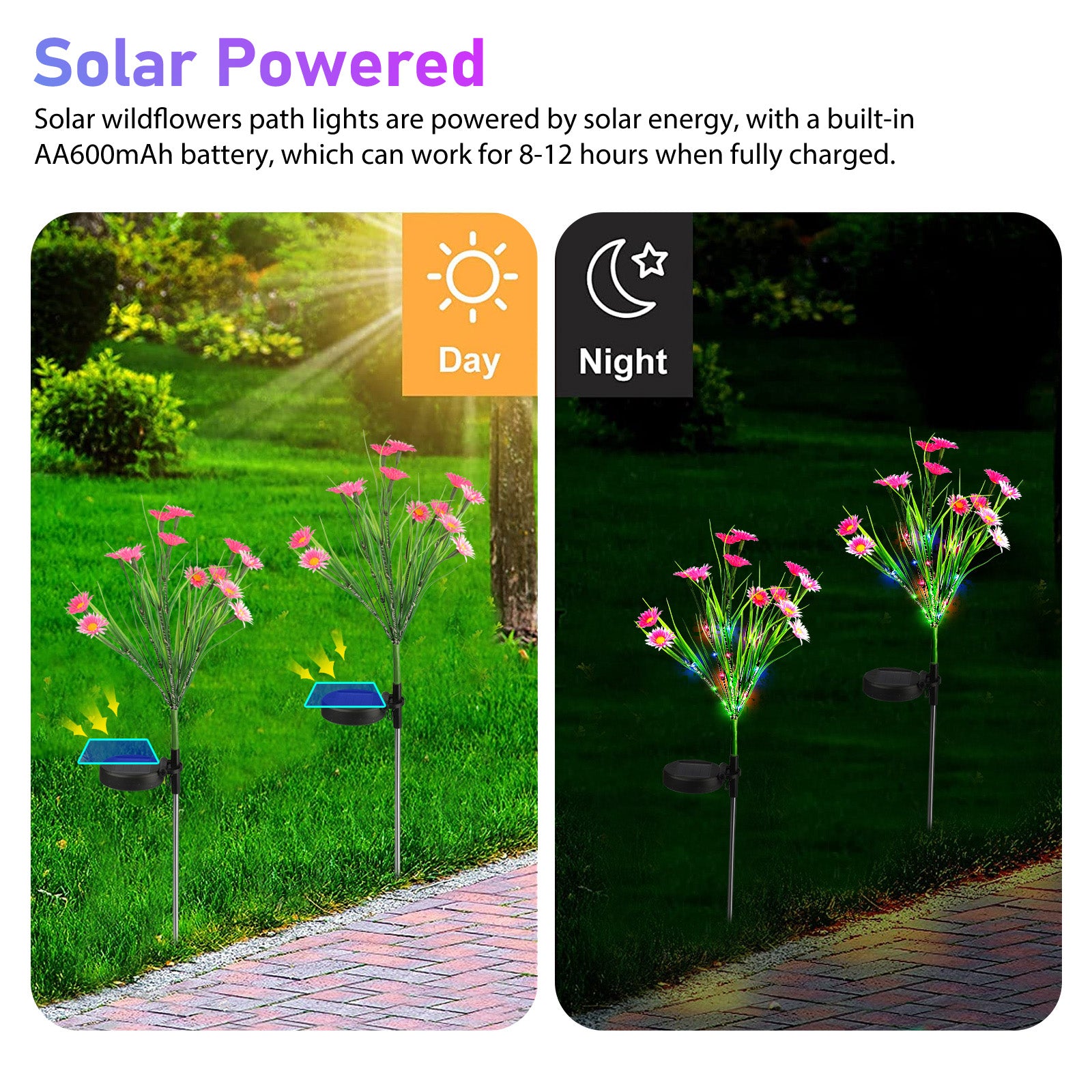 TSV Solar Wildflower Stake Lights Outdoor Waterproof LED Flower Light Landscape Decorative Lamps for Garden Patio Lawn Yard Pathway， Pink