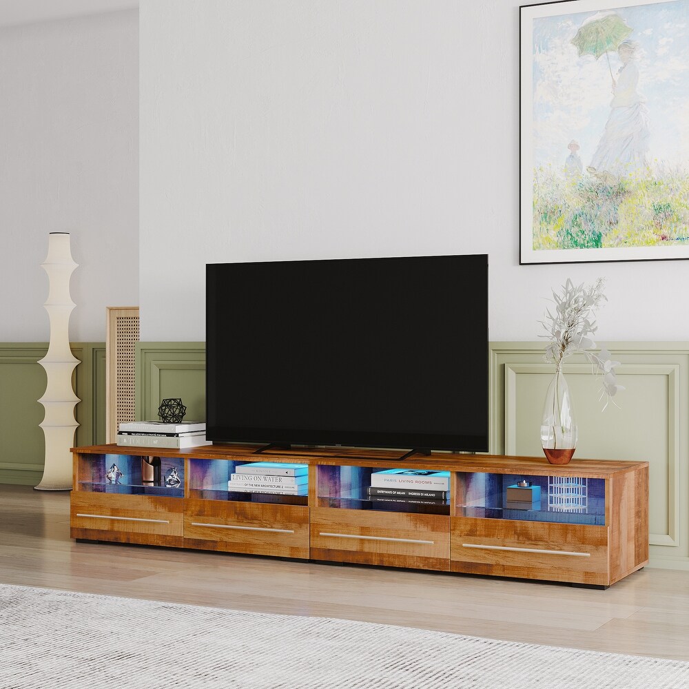 TV Console with 16 Color LED Remote Control Lights Media Console Entertainment Center with 2 Drawers   2 Open Shelves  Walnut