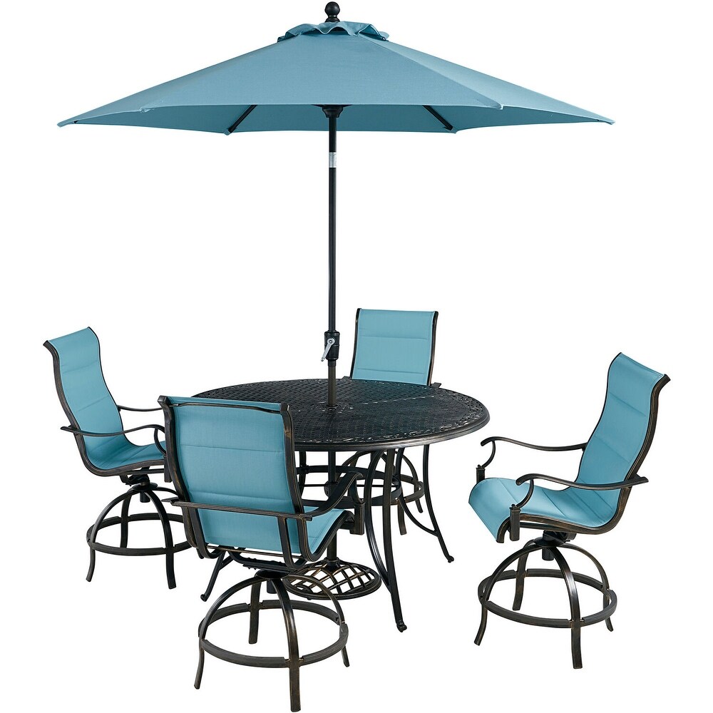 Hanover Traditions 5 Piece High Dining Set in Blue with 4 Swivel Counter Height Chairs  56 in. Table  and 9 ft. Umbrella