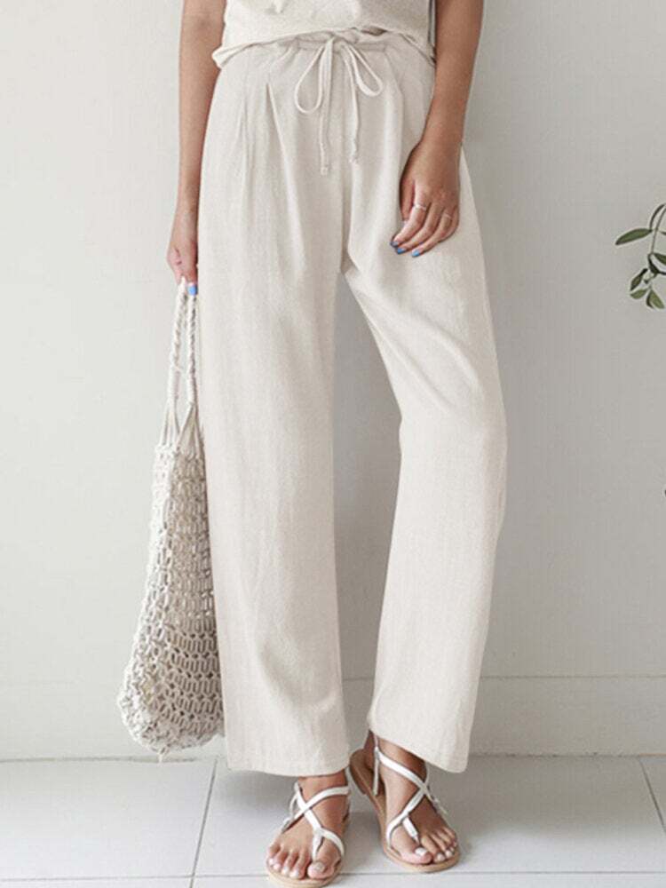 New Casual Ladies Solid Color Straight Leg Elastic Waist Cotton Linen Pants Women's Clothing
