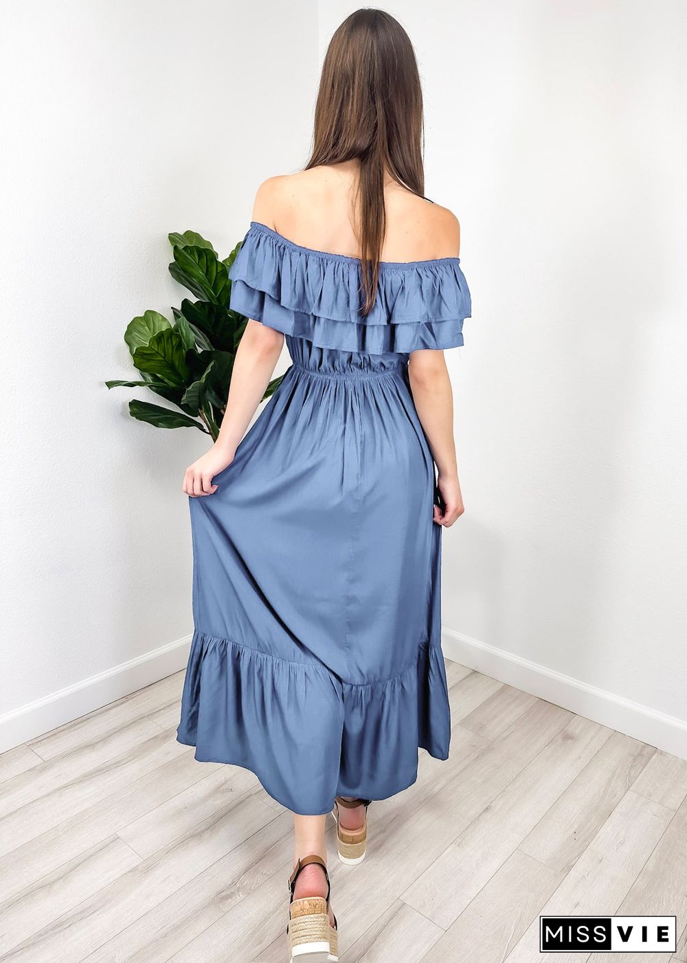 Grecian Ruffle Stretch Maxi Long Dress