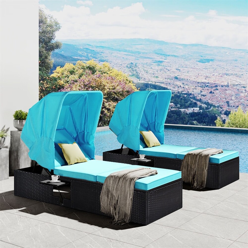 Leisure Zone Reclining Single Chaise Lounge with Canopy and Cup Table(Set of 2)