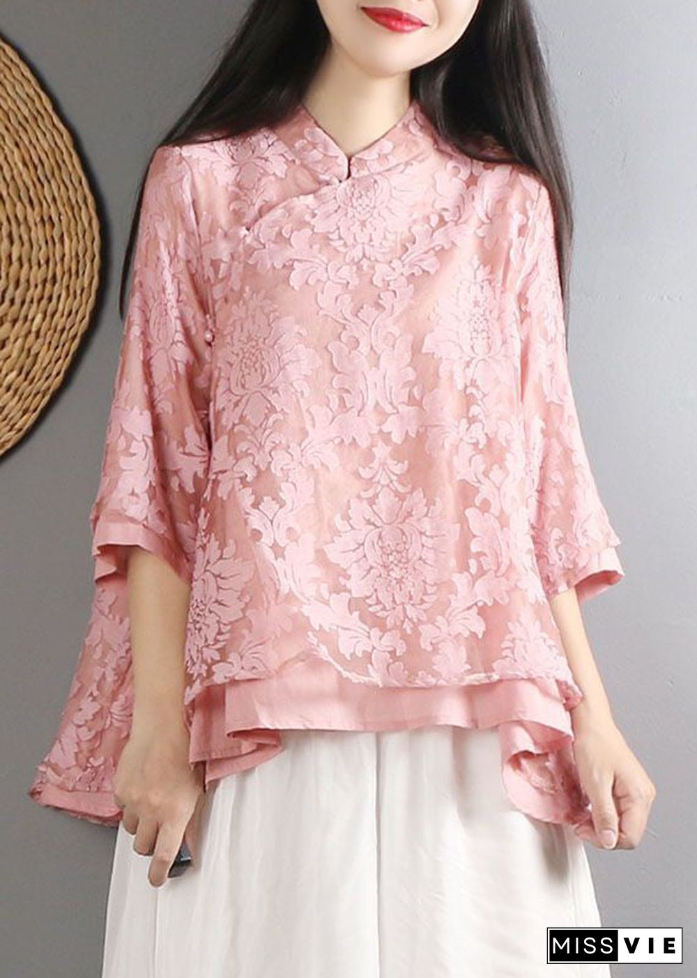 Women Pink Mandarin Collar Cotton Shirt Top Bracelet Sleeve