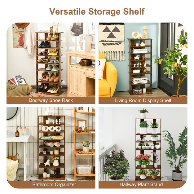 Costway Patented 7 tier Double Shoe Rack Free Standing Shelf Storage Tower Rustic Brown