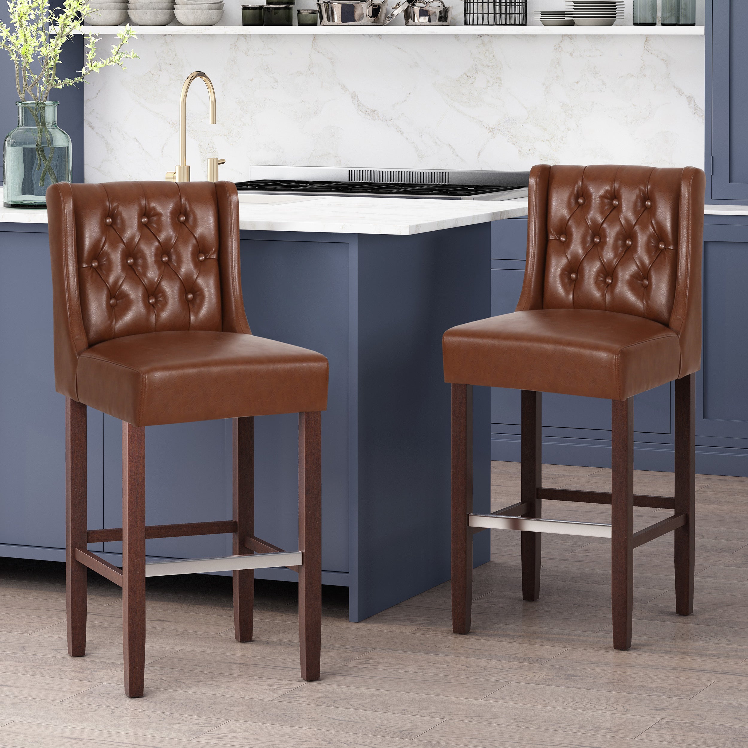 Leeandre Contemporary Wingback Faux Leather Barstools (Set of 2)