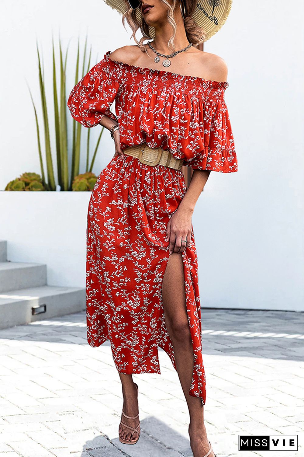 Red Floral Off Shoulder Balloon Sleeves Split Maxi Dress