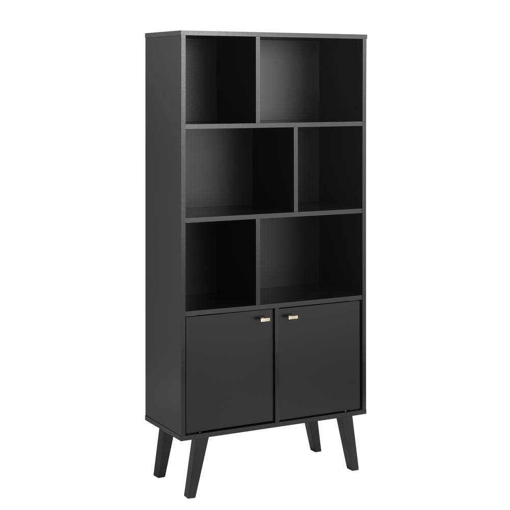 Prepac Milo Mid-Century Modern Bookcase with Inlet Shelves Two Doors and Brushed Brass-Finished Knobs Black BSBL-1418-1