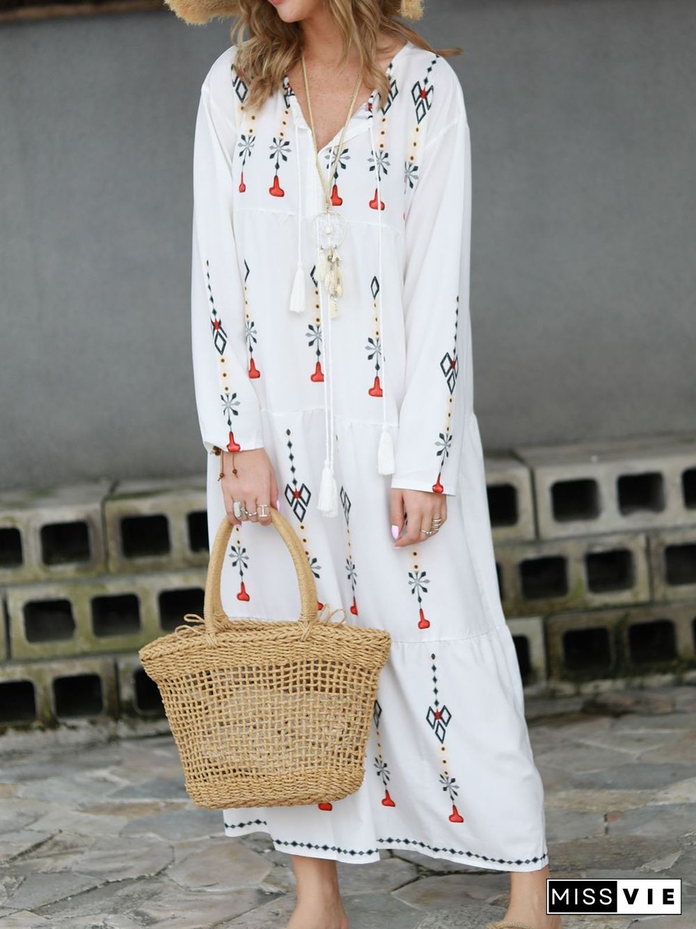 Floral Fringed Boho Summer Dress White Dresses