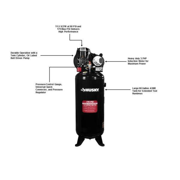 Husky 60 Gal. 3.7 HP 1-Phase 175 PSI Oil Lubed Belt Drive Stationary Electric Air Compressor C603H