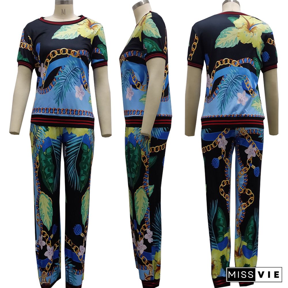 High Quality Fashion Women Print O Neck Short Sleeve T Shirt Tops Long Pants Two Piece Tracksuit Sets