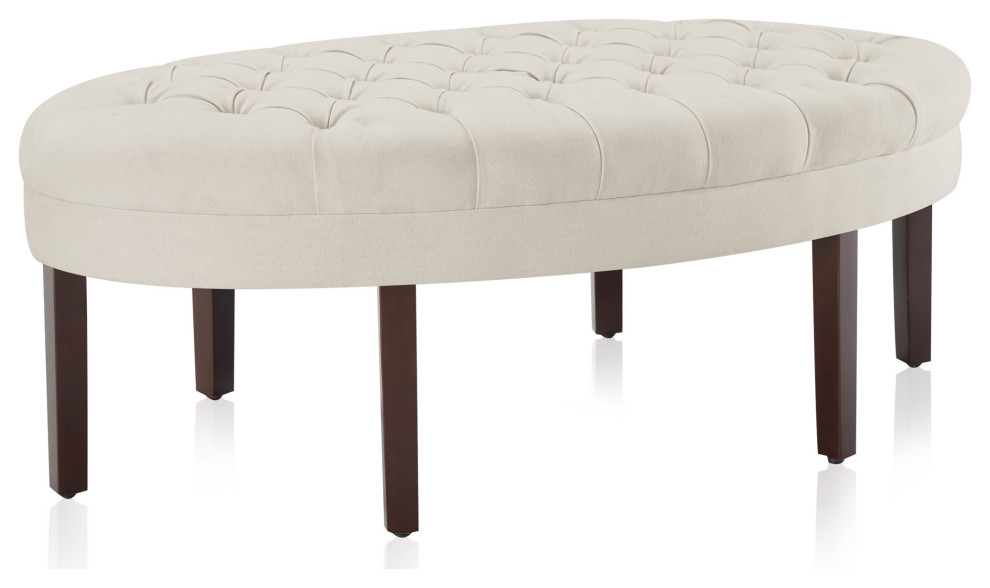 Oval Tufted Ottoman/Bench  Linen Fabric With Wood Leg   Transitional   Footstools And Ottomans   by OneBigOutlet  Houzz