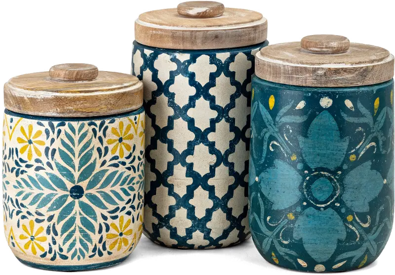 8 Inch Aqua Hand Painted Canister with Wood Lid