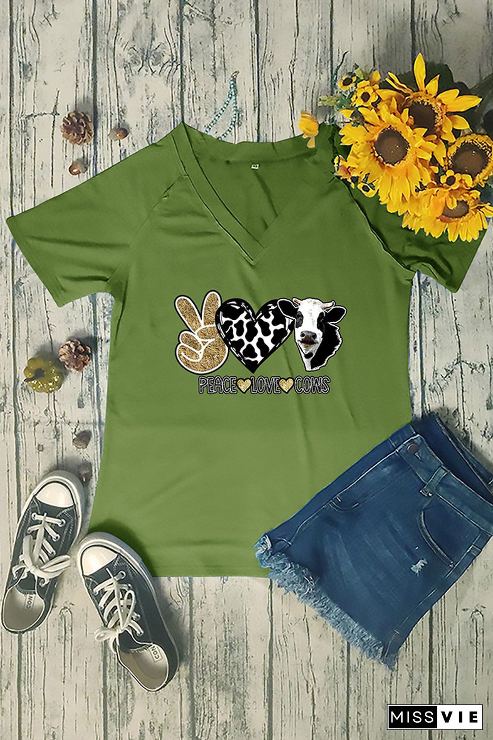 Peace Love Cows Print V Neck Graphic Tee