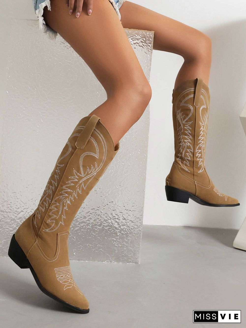 Embroidered Panel Plush Warm Pointed-Toe Cowboy Boots