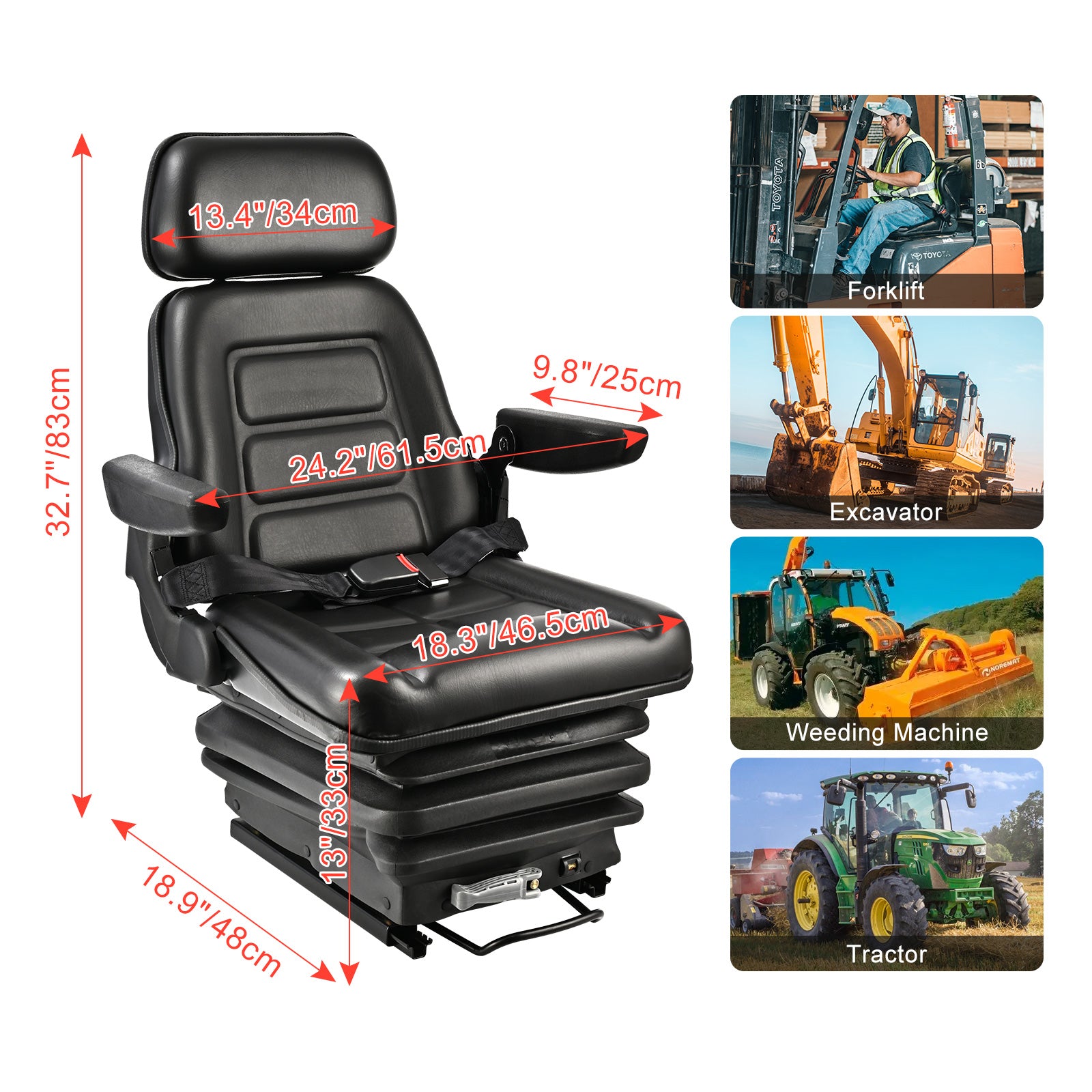 Universal Tractor Variable Suspension Seat Replacement Black Forklift Seat PVC Mower Seat with 0-135° Adjustable Backrest，0-90° Ad