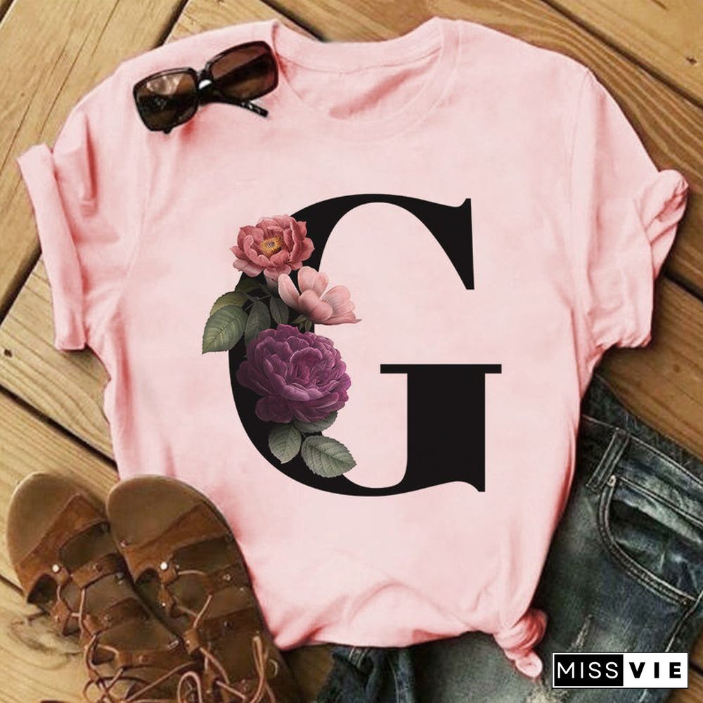 26 Letter Alphabet A-Z Women T-Shirts Fashion Breathable Flowers Short Sleeve Casual Tops Couple Basic Tee Crew Neck Clothes Top