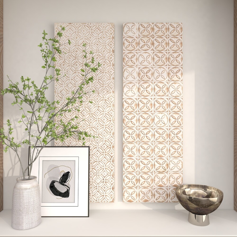 White Wooden Intricately Carved Geometric Wall Decor (Set of 2)