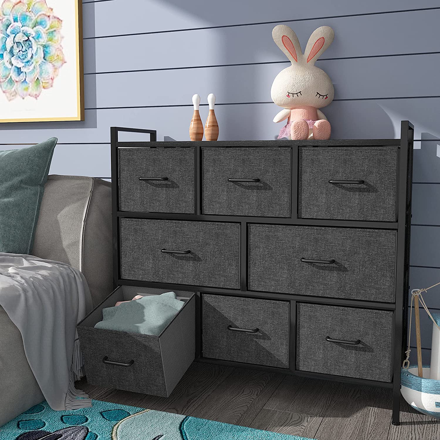 DWVO Fabric Dresser with 8 Drawers - Furniture Storage Tower Unit for Bedroom, Hallway, Closet, Office Organization, End Table Dresser - Steel Frame，Black Grey