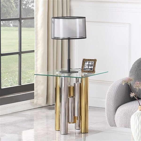 Stainless Steel Glass End Table with Clear Tempered Glass (Set of 1)