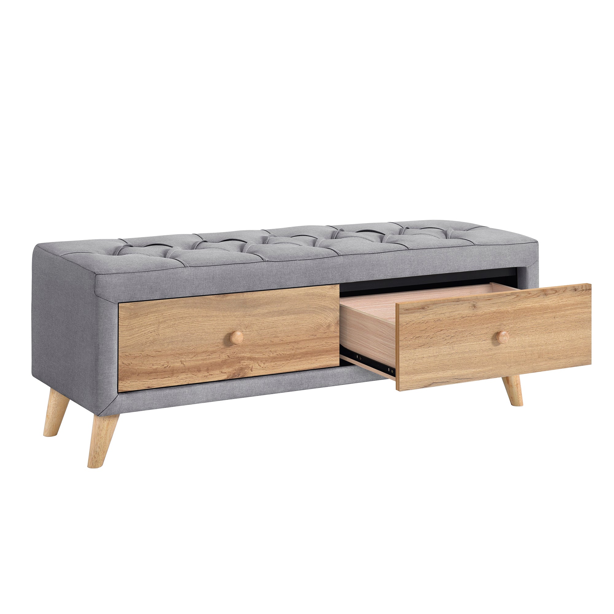 Upholstered Wooden Storage Bench with 2 Drawers For Bedroom,Fully Assembled Except Legs and Handles,Padded Seat with Rubber Wood Leg-Gray