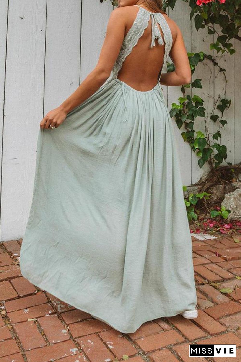 V Neck Spaghetti Straps Lace Panel Maxi Dress