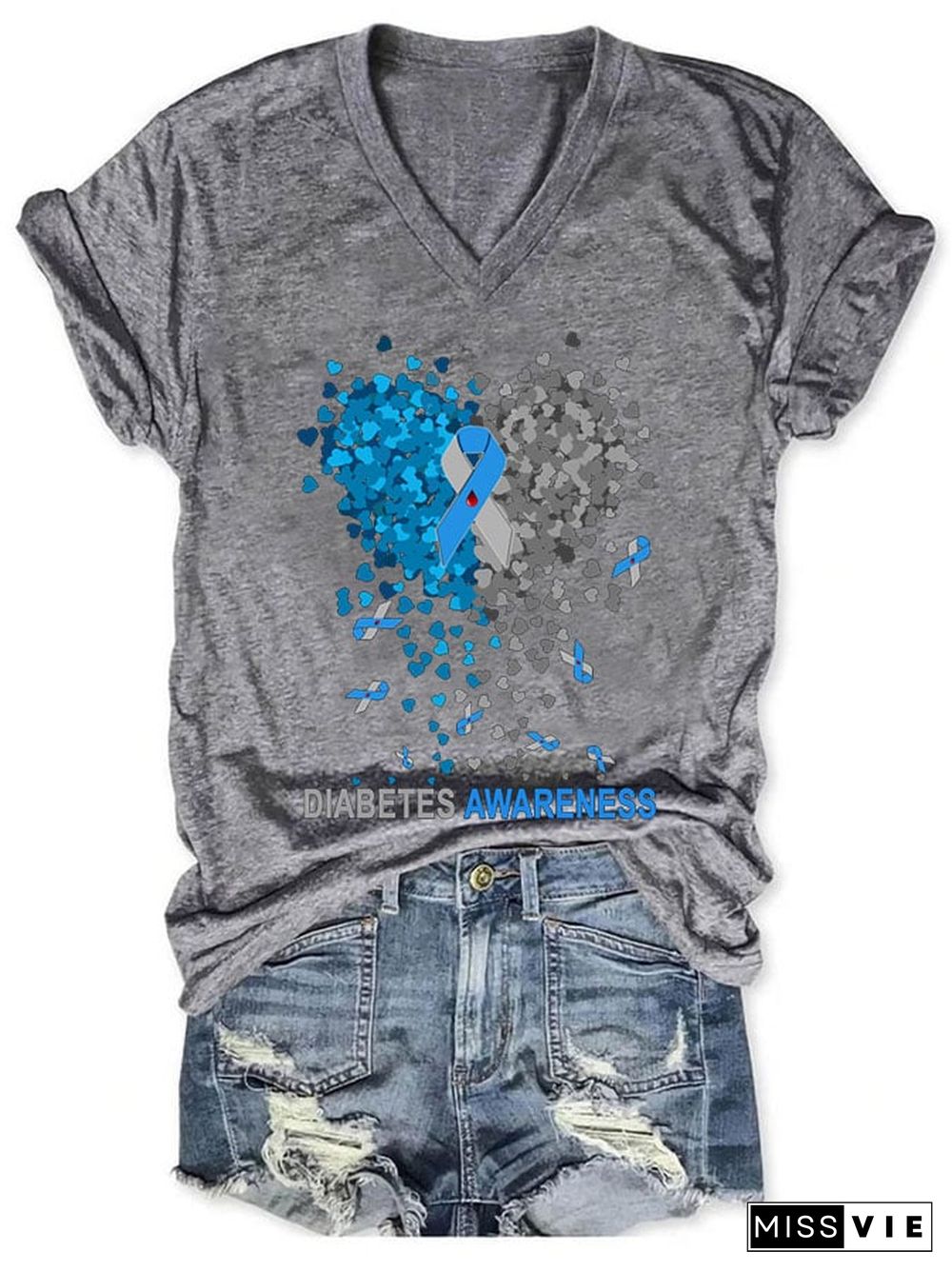 Women's Casual Diabetes Awareness Printed Short Sleeve T-Shirt