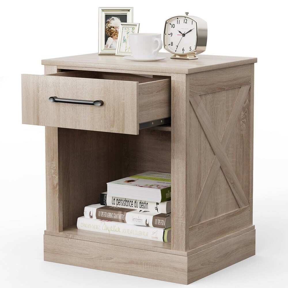 Gymax Nightstand with Drawer and Shelf Rustic Wooden Bedside Table