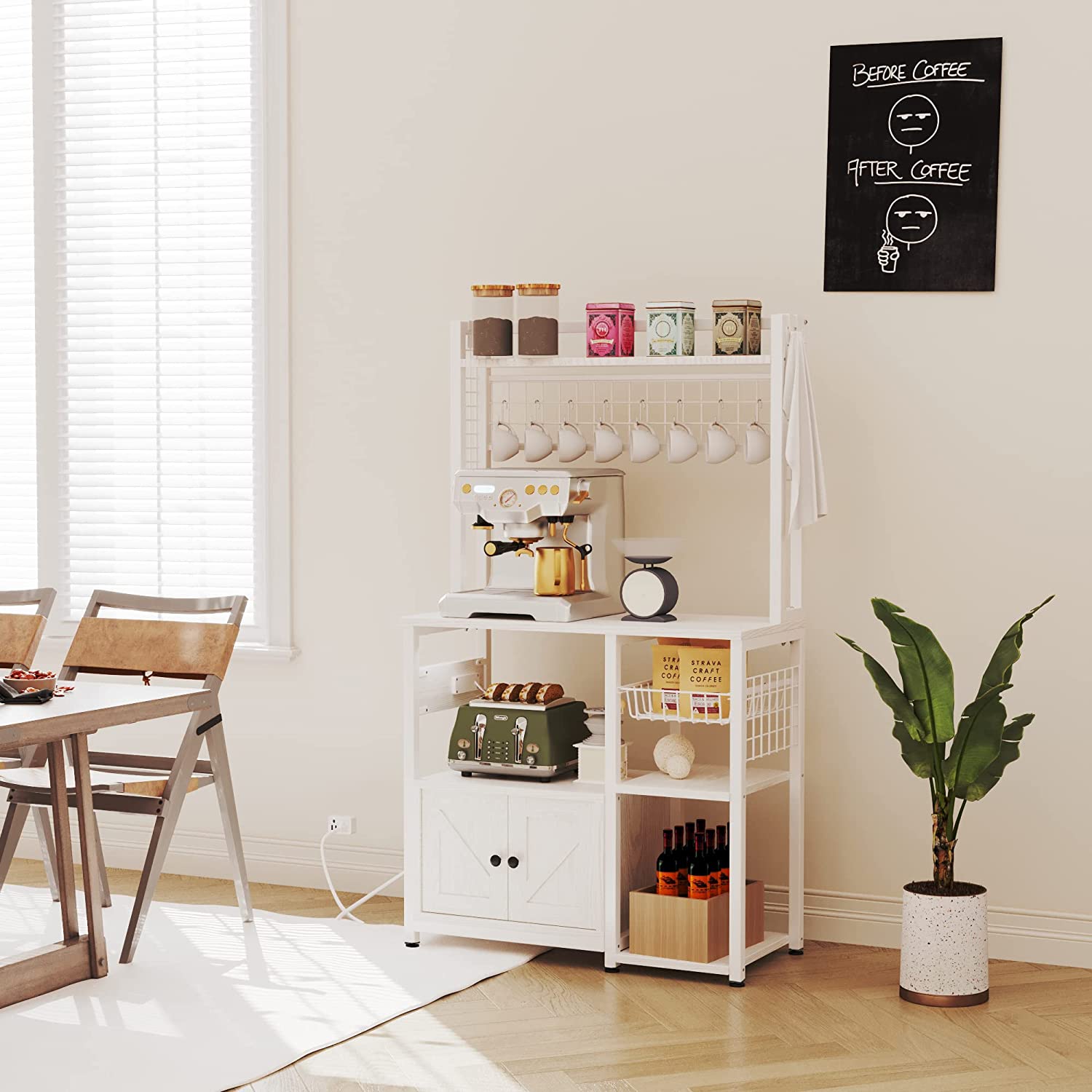 IRONCK Bakers Rack with Power Outlets， Microwave Stand  Kitchen Shelf with Cabinet for Kitchen， Industrial White，Wood and Metal