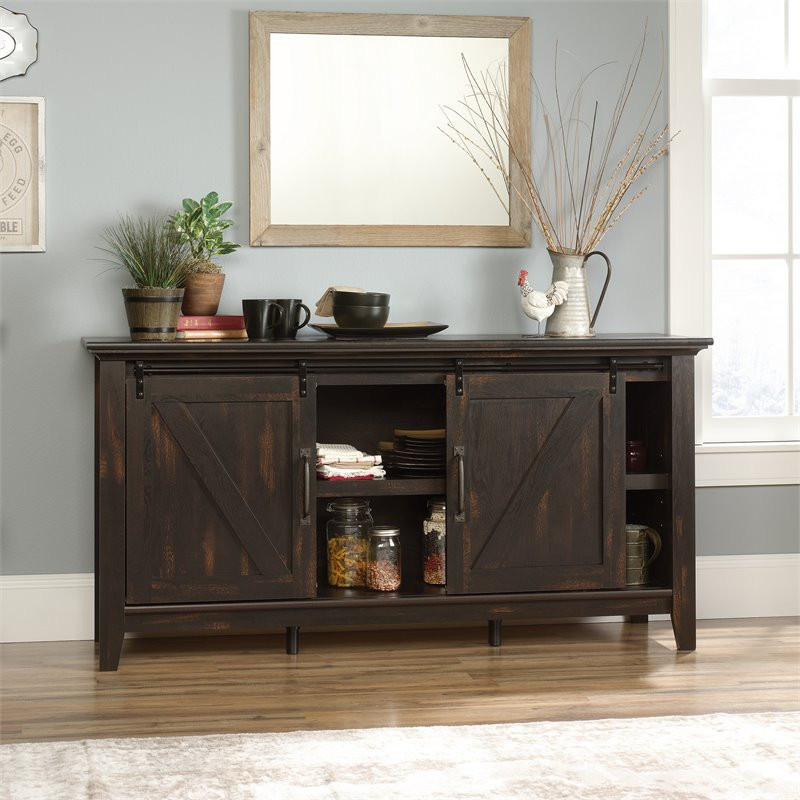 Sauder Dakota Pass Engineered Wood TV Stand in Char Pine/Dark Wood Finish   Farmhouse   Entertainment Centers And Tv Stands   by Homesquare  Houzz