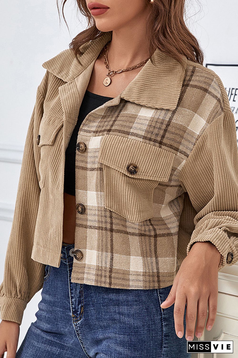 Plaid Corduroy Splicing Buttons Up Pocketed Shacket Crop Jacket Women Wholesale