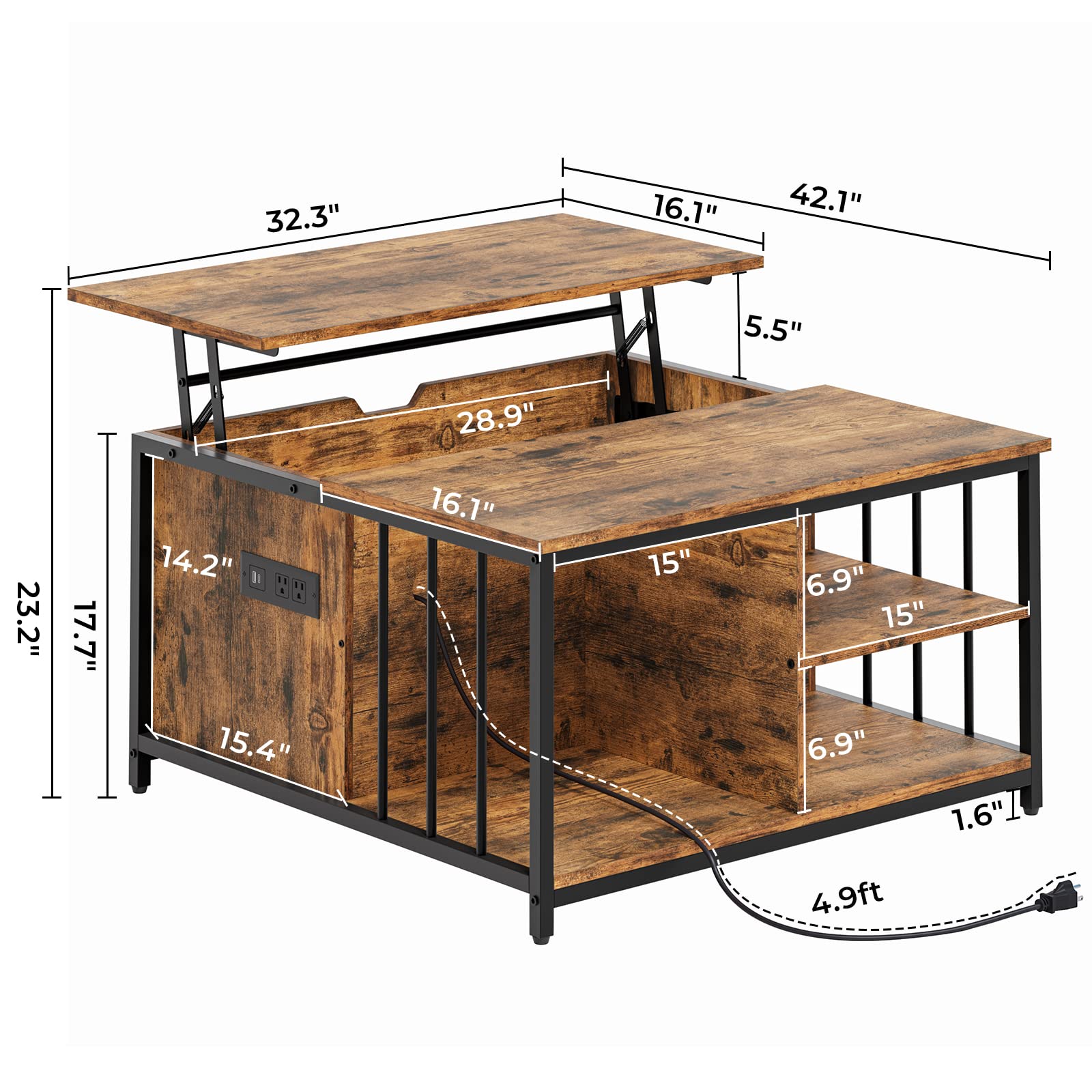 AOGLLATI Lift Top Coffee Table With Storage, Hidden Compartment and Open Shelf, Farmhouse Coffee Table With Charging Station, Wood Lift Tabletop Central Table With Door for Living Room, Brown