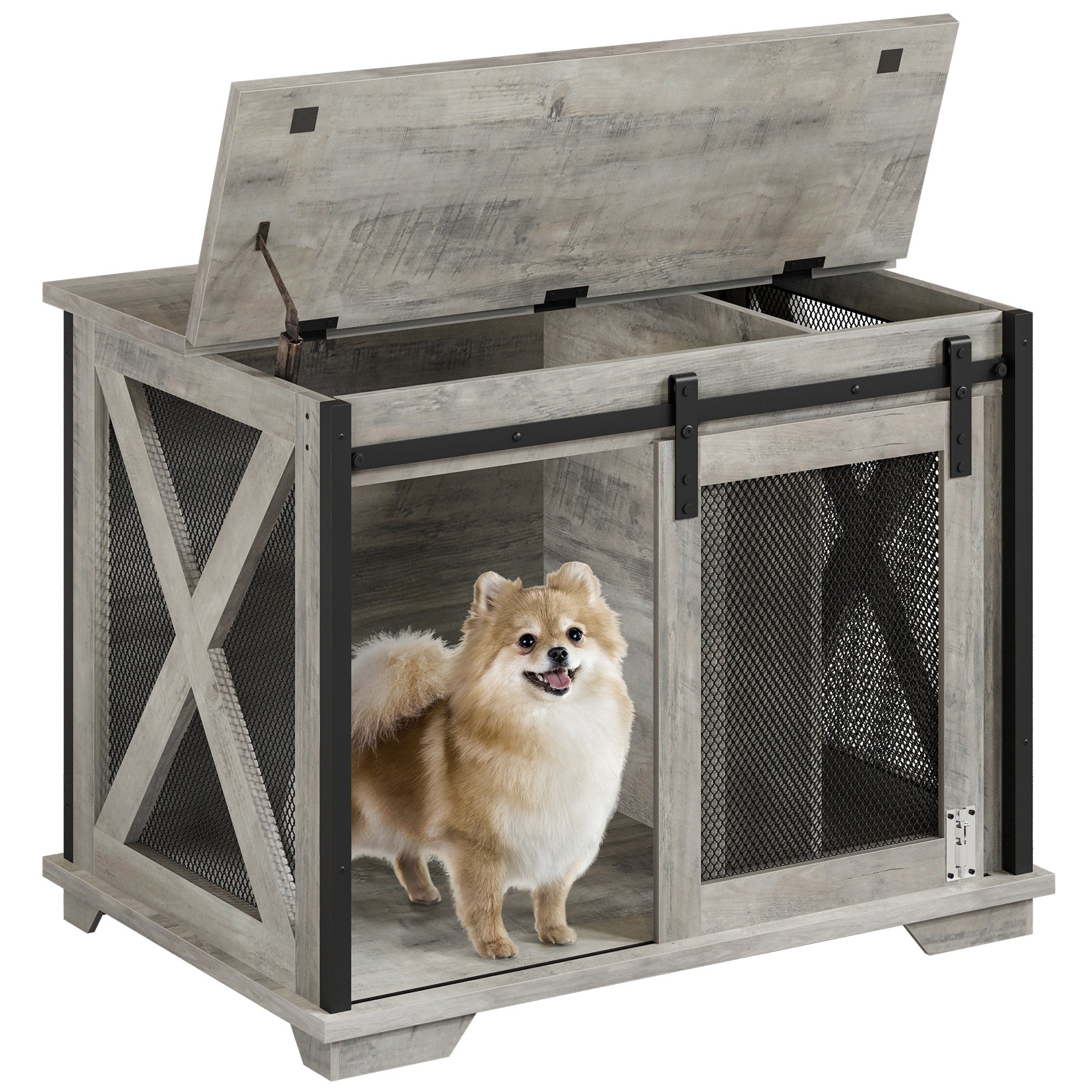 37'' Sliding Barn Door Dog Crate Furniture with Flip Top and Movable Divider， Wooden Dog Crate Table