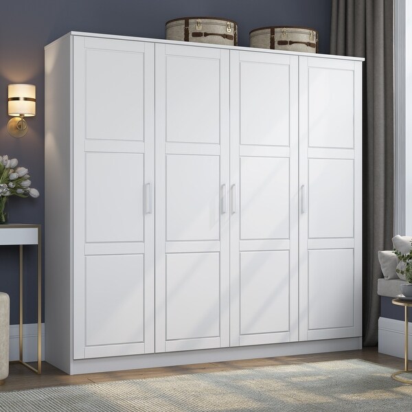 100% Solid Wood Cosmo 4-Door Wardrobe with Optional Mirrored Doors - - 37717187