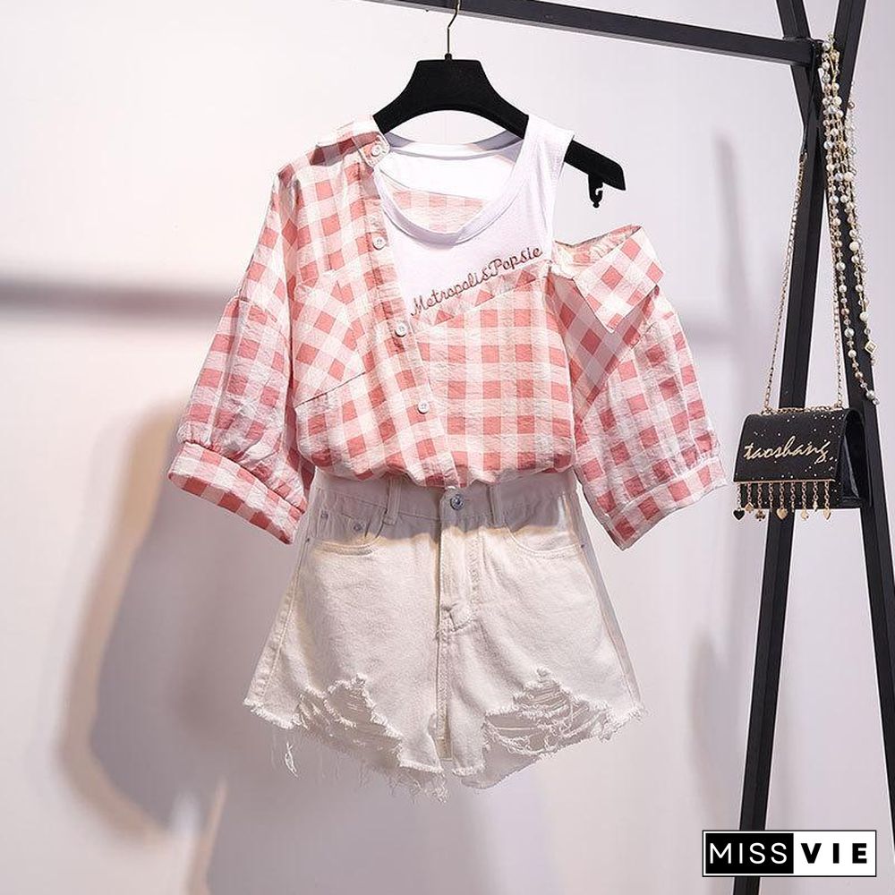 Plaid Off Shoulder Blouse+Denim Shorts P13928