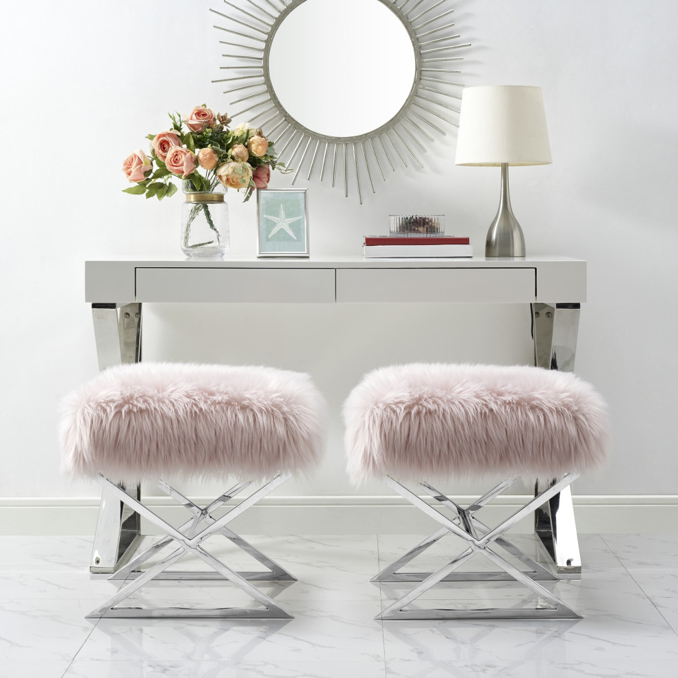 Oria Faux Fur X Leg Chrome or Gold Base Ottoman   Contemporary   Footstools And Ottomans   by Inspired Home  Houzz