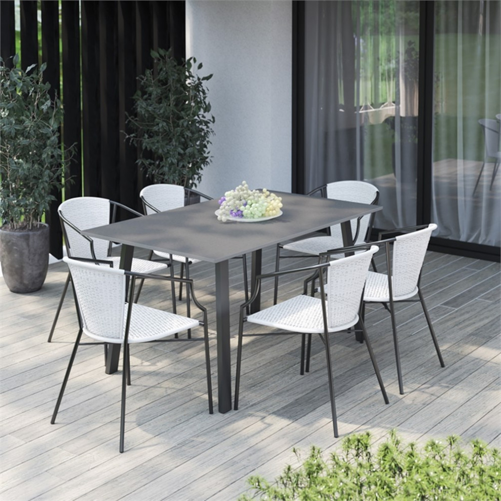 TK Classics 7 Piece Steel Outdoor Dining Set with Wicker Armchairs in White/Gray   Tropical   Outdoor Dining Sets   by Homesquare  Houzz