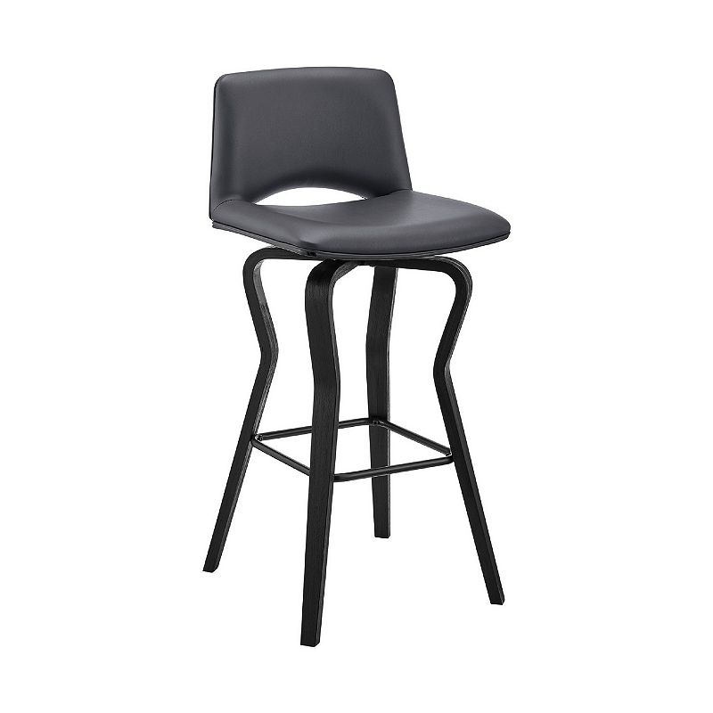 30 Inch Swivel Barstool， Vegan Faux Leather Upholstery， Wood Support， Gray， Black