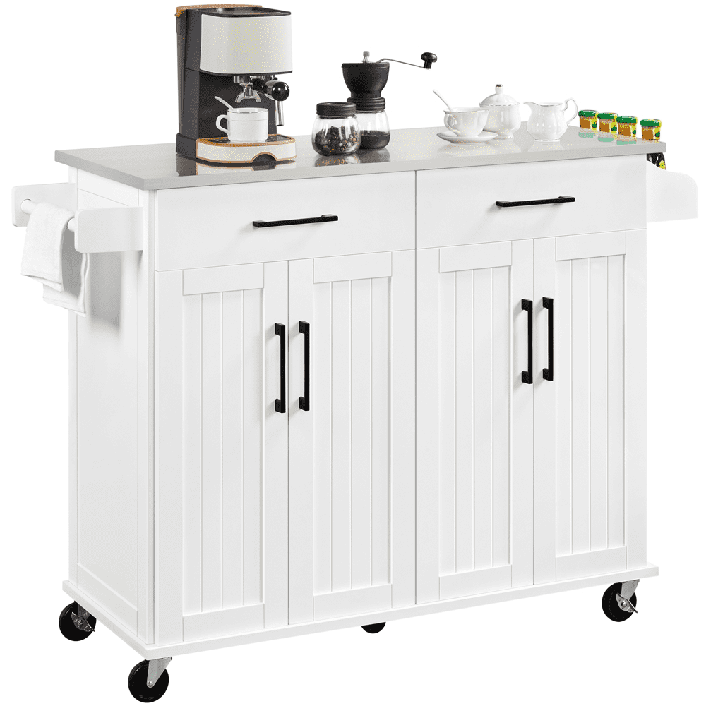 SMILE MART Large Kitchen Island on Wheels with Storage Drawers and Cabinets， White