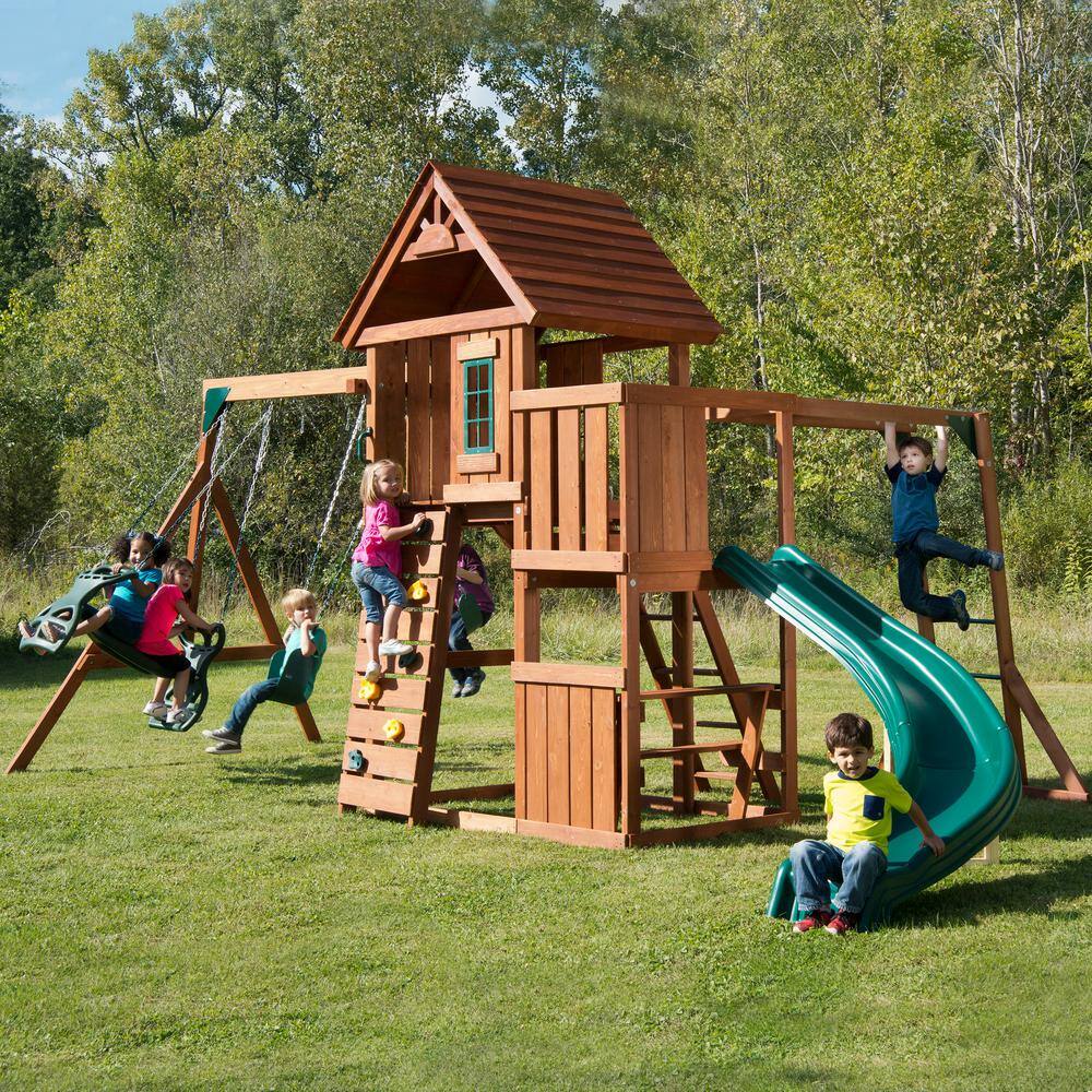 Swing-N-Slide Playsets Cedarbrook Deluxe Complete Wooden Outdoor Playset with Slide Rock Wall Swings and Backyard Swing Set Accessories PB 8030