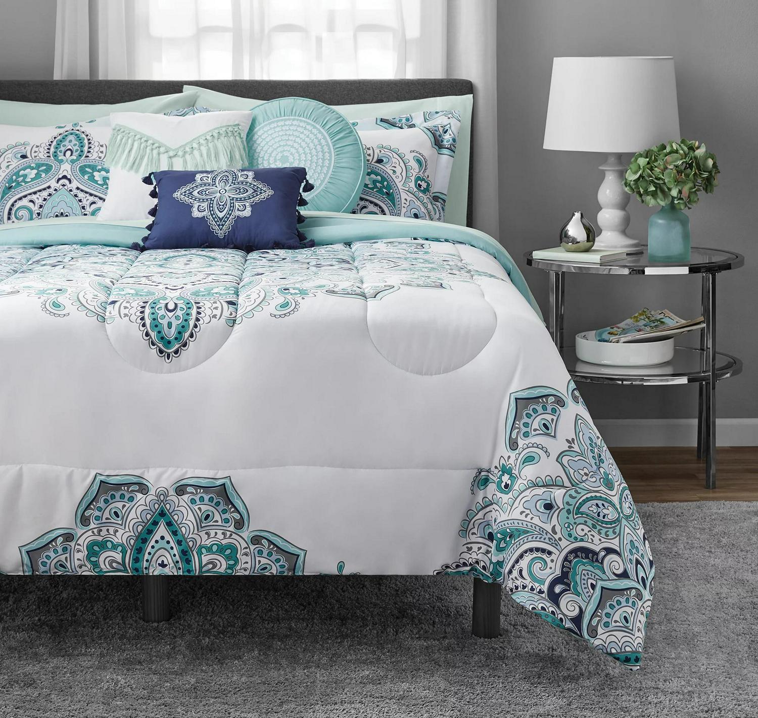 Mainstays Teal Medallion 10 Piece Bed in a Bag Comforter Set with Sheets， Queen