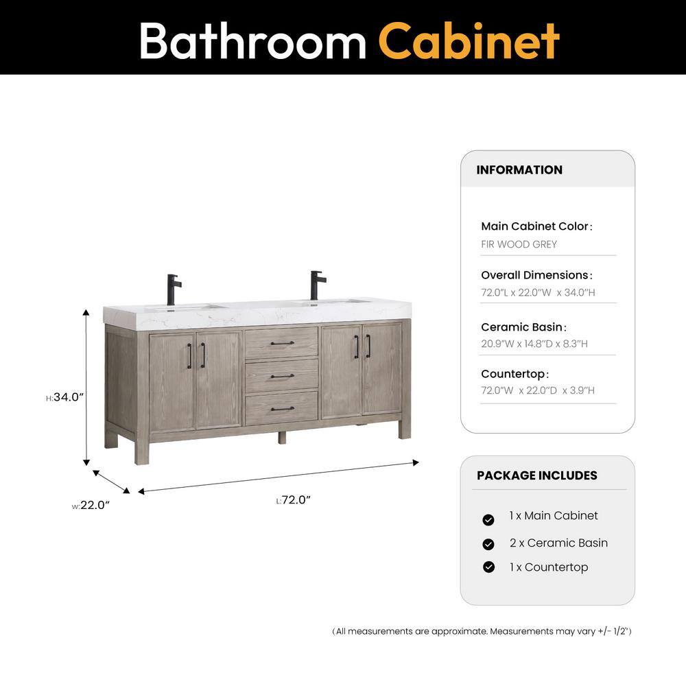 ROSWELL León 72 in.W x 22 in.D x 34 in.H Double Sink Bath Vanity in Fir Wood Grey with White Composite Stone Top 803872-FY-LW-NM