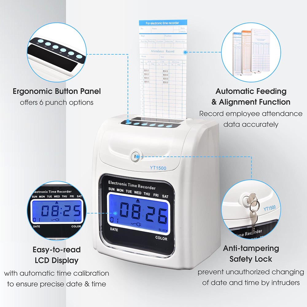 Yescom Punch Clock with Weekly Monthly Cards & Holder