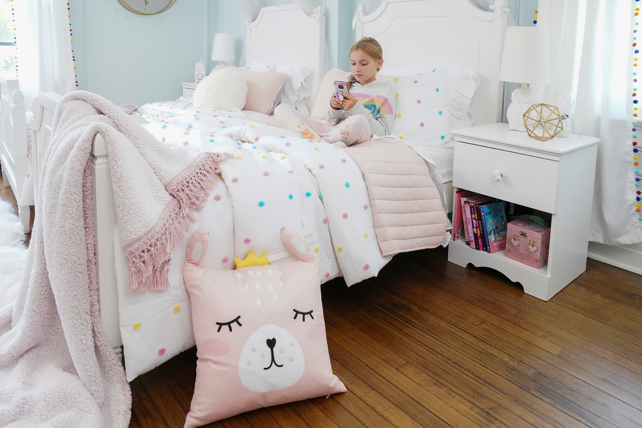 Bedding Bundle: Rainbow Tufted Dot Comforter Set + Soft Stripe Coverlet Set