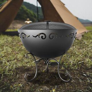 Cesicia 23 in. Outdoor Wood Black Burning Fire Bowl with Fire Poker and Waterproof Cover PF03BOWLwy