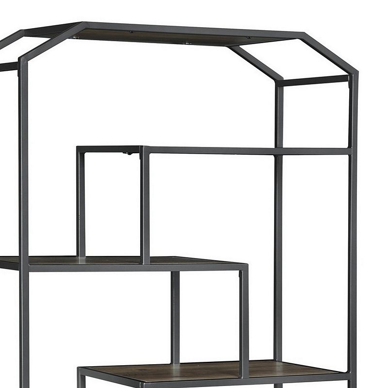 72 Inch Wood Bookcase， Geometric Metal Frame， 7 Shelves， Gray， Brown