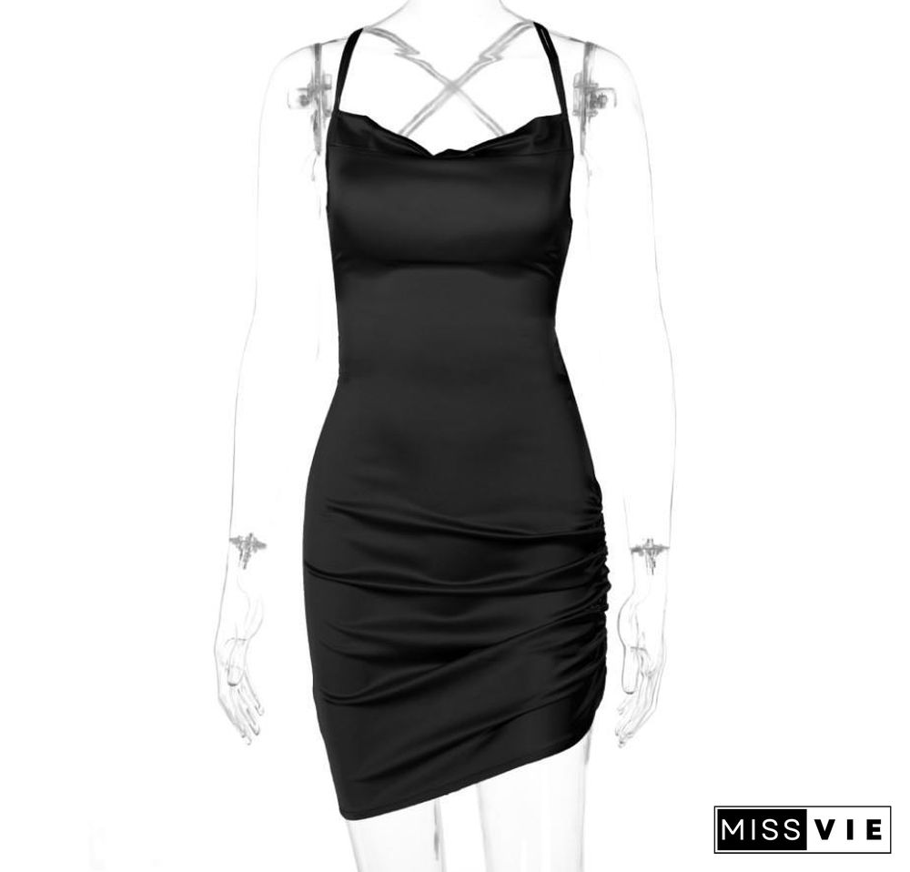 Summer Women‘S Sexy Suspender Dress Ladies Spring New Hollow Tie Open Back Cross Bandage Mini Strap Party Dress Clothing