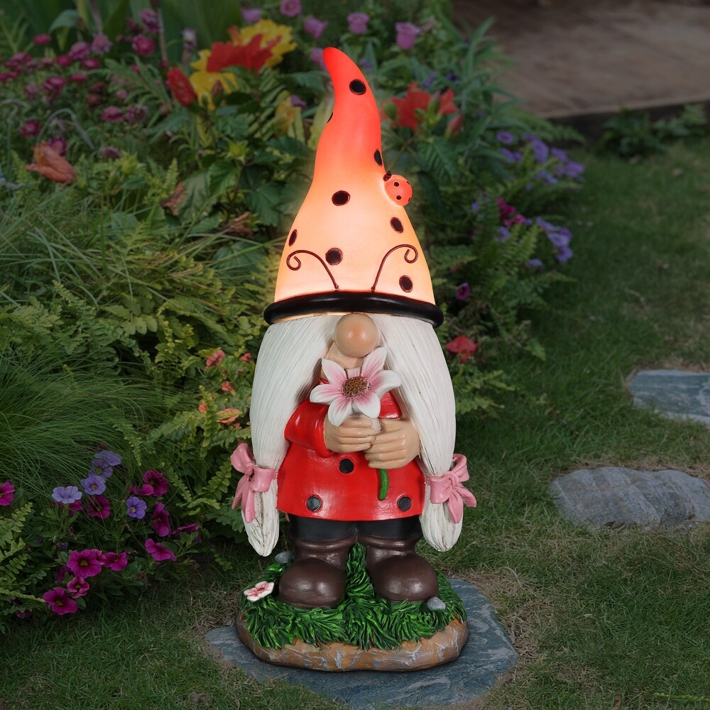 Exhart Solar Ladybug Hat Lady Gnome Statue with Pink Flower  5 by 12.5 Inches