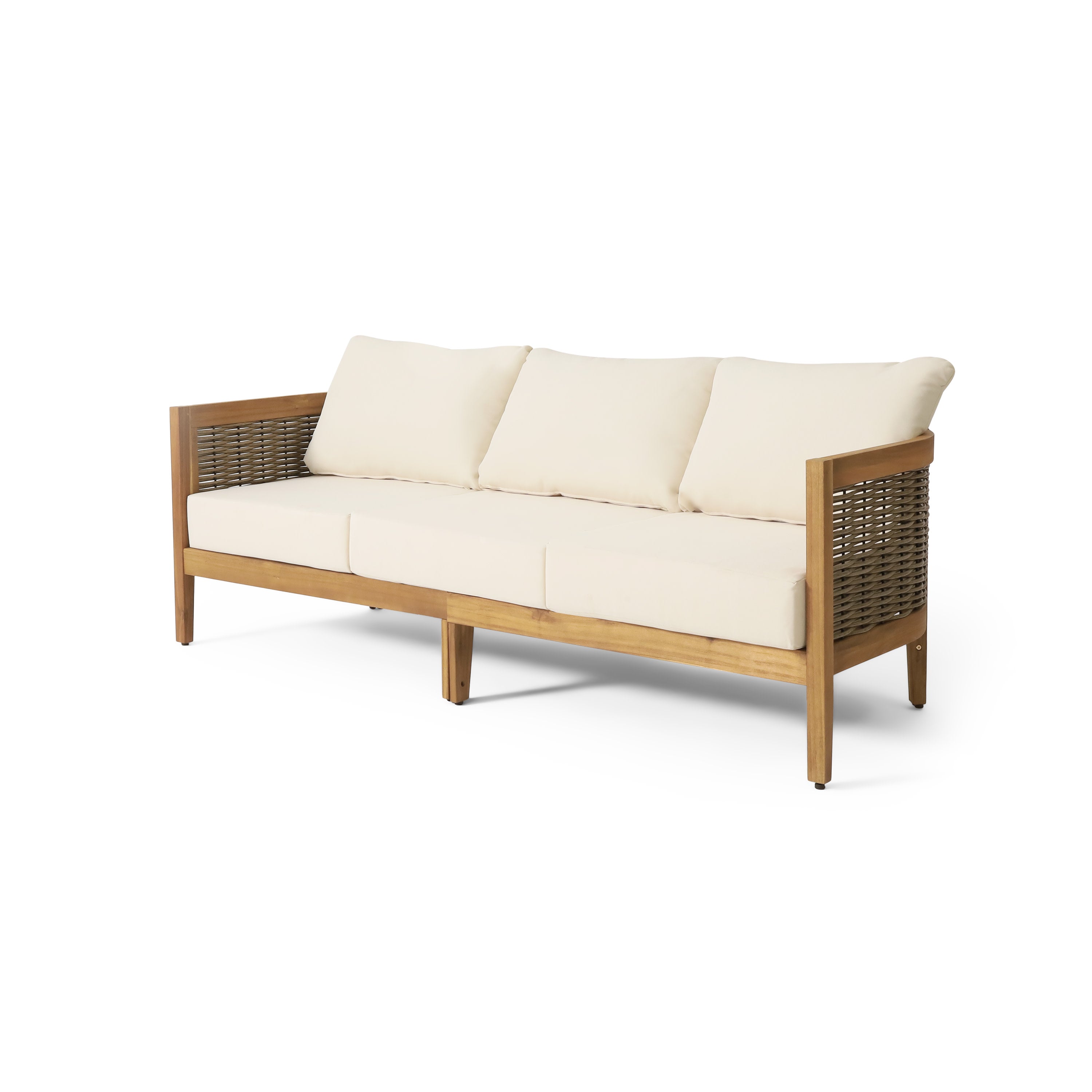 The Crowne Collection Outdoor Acacia Wood and Round Wicker 3 Seater Sofa with Cushions, Teak, Mixed Brown, and Beige